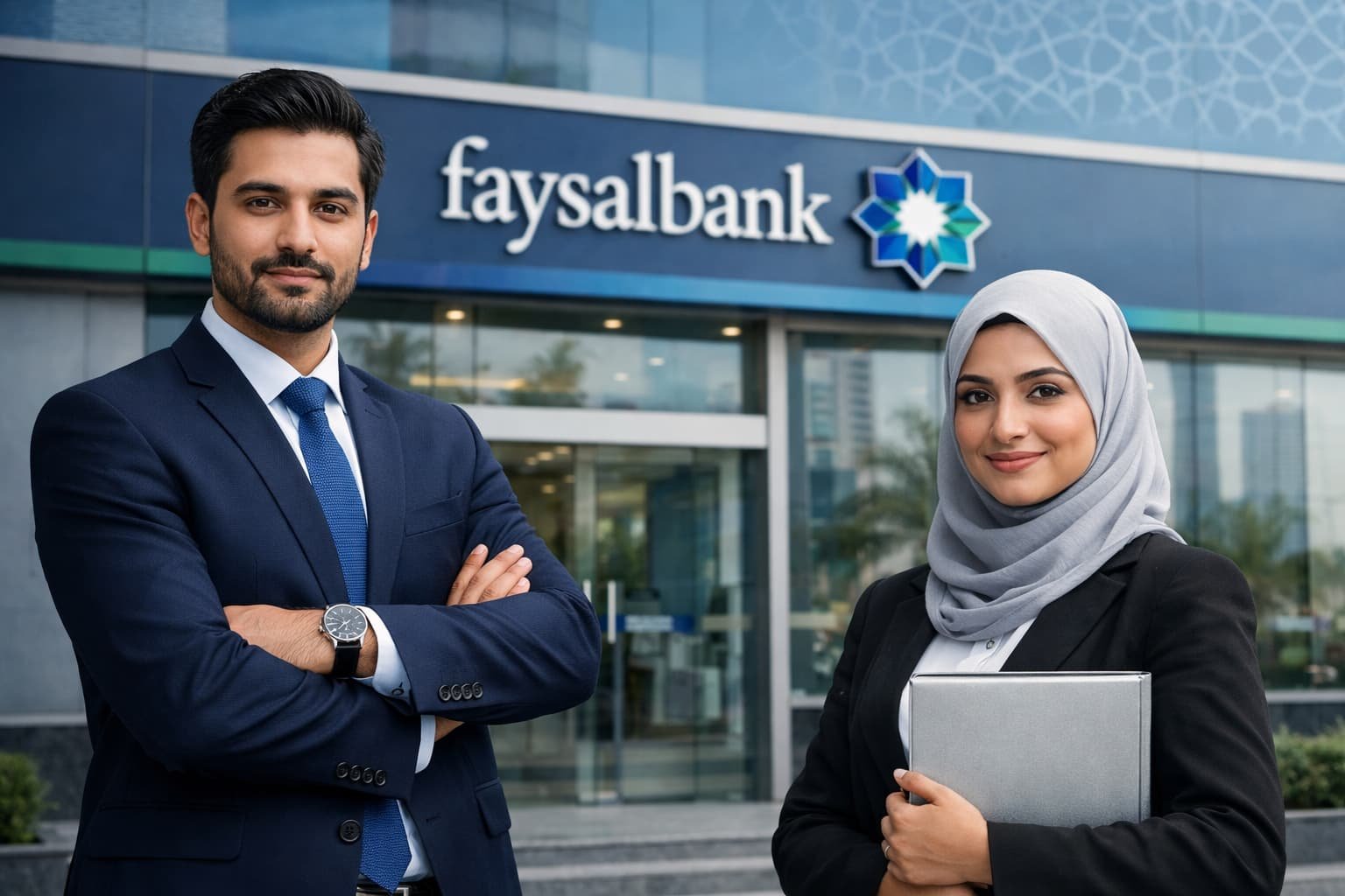 Faysal Bank Jobs 2025 recruitment banner showing professional banking staff and branch building in Pakistan