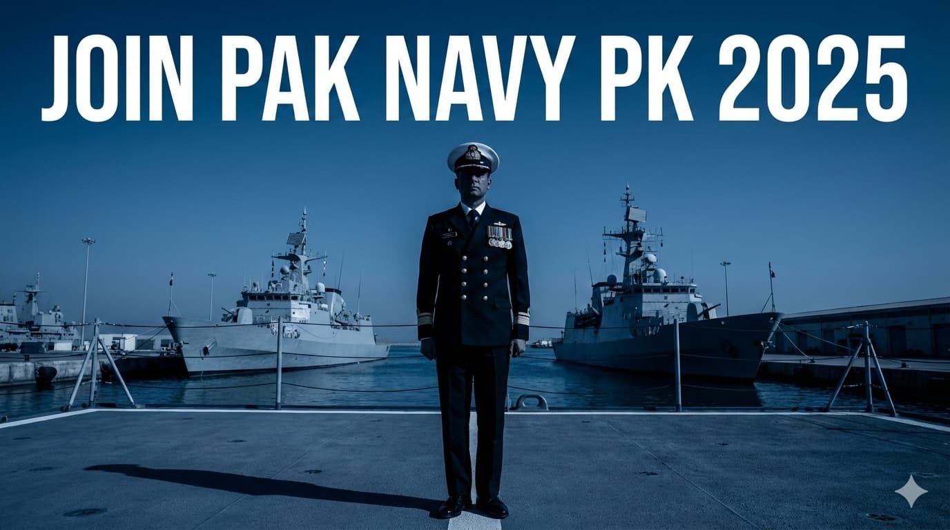 Pakistani young professionals in Pakistan Navy uniforms standing confidently on a naval ship, promoting join Pak Navy PK 2025 recruitment.